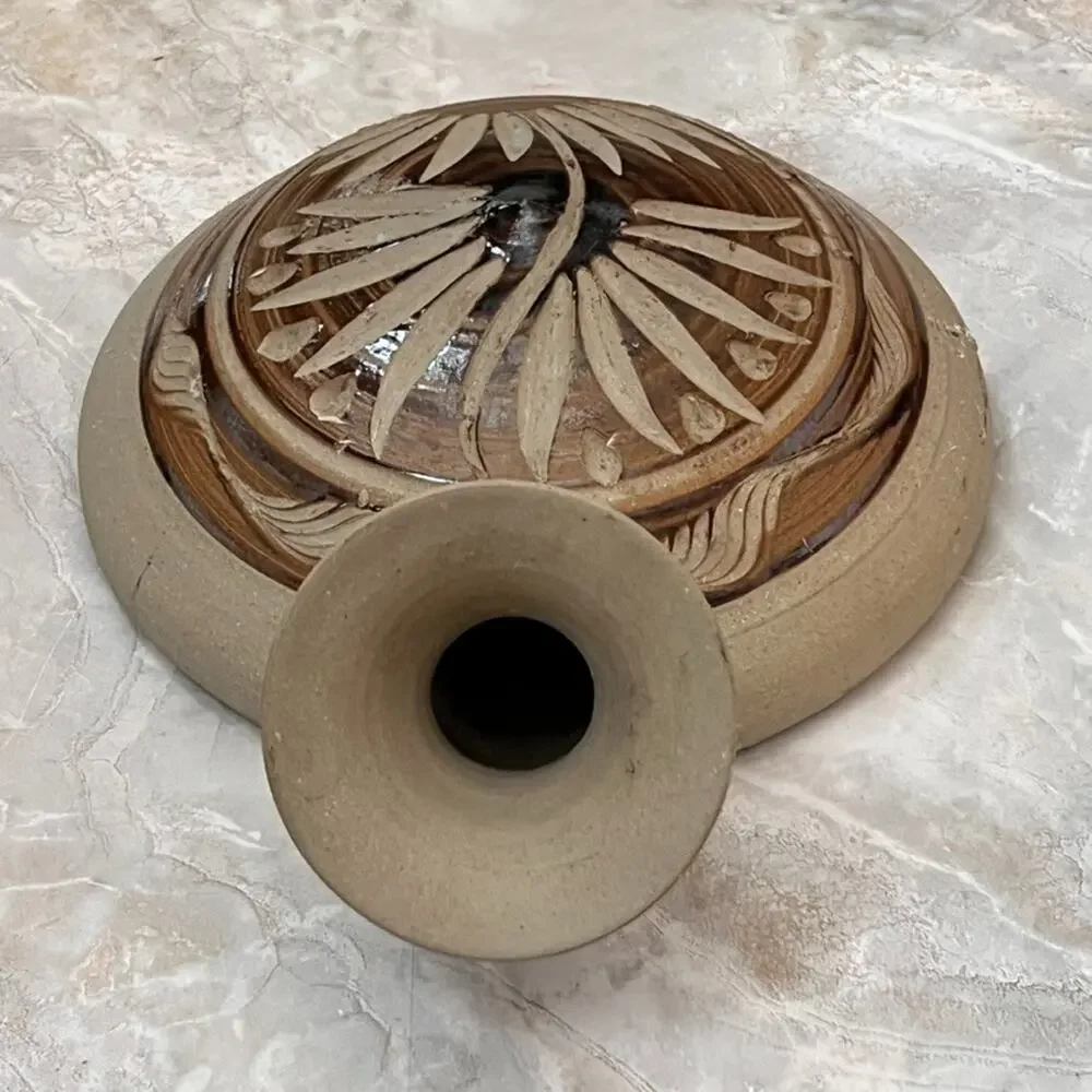 Sandstone Pottery Flat Water Vase Vessel Brown Signed
